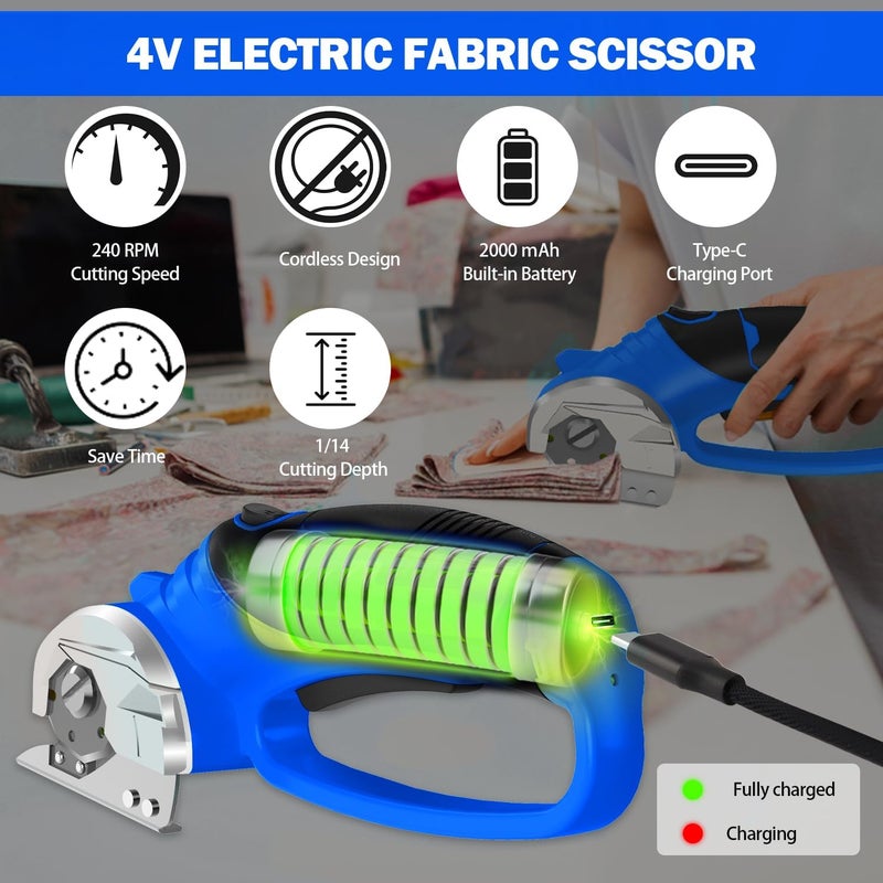 Pratuor Cordless Electric Scissors, 4V Box Cutter & Cardboard Cutter with 2 Titanium Blades - Rotary Cutter with LED Light for Fabric, Leather, Carpet, Plastic, Crafting + Storage Case (Royal Blue) - Image 4